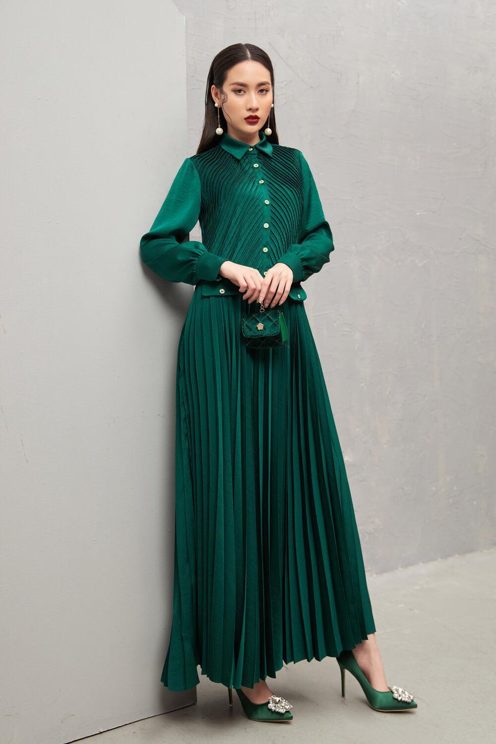 Women's Ariel Pleated Collared Neck Taffeta Ankle Length Dress XS/S/M/L/XL Green MEAN BLVD M / Green Women's Ariel Pleated Collared Neck Taffeta Ankle Length Dress XS/S/M/L/XL Green MEAN BLVD M / Green