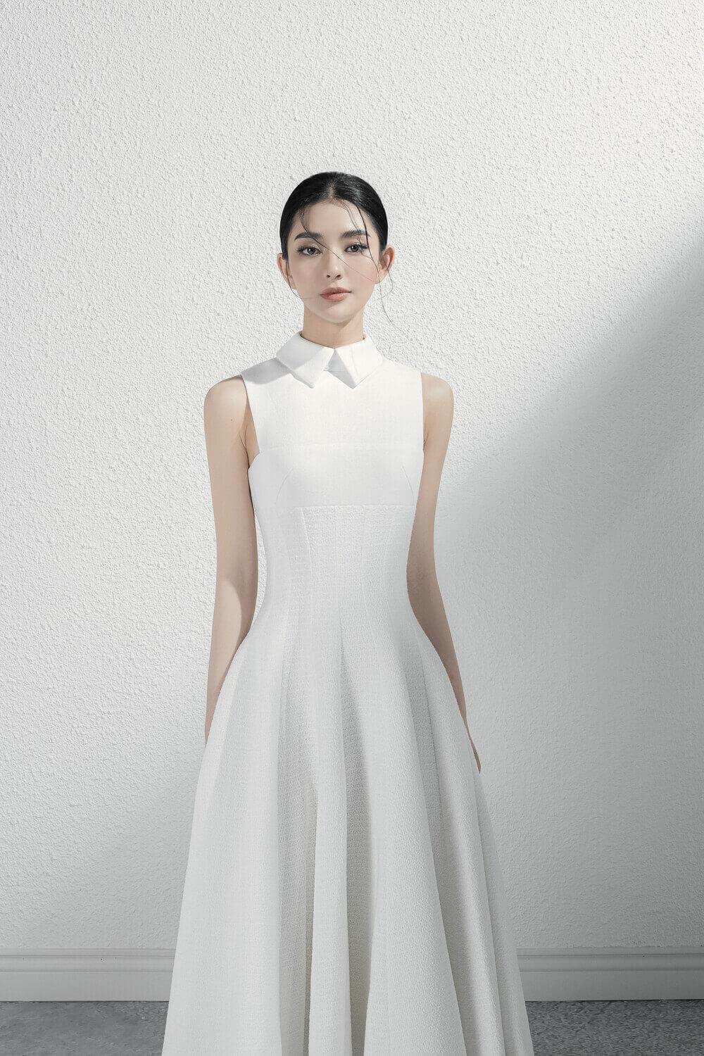 Women's Aura Fit and Flare Collared Neck Midi Dress XS/S/M/L White MEAN BLVD XS / White Women's Aura Fit and Flare Collared Neck Midi Dress XS/S/M/L White MEAN BLVD XS / White