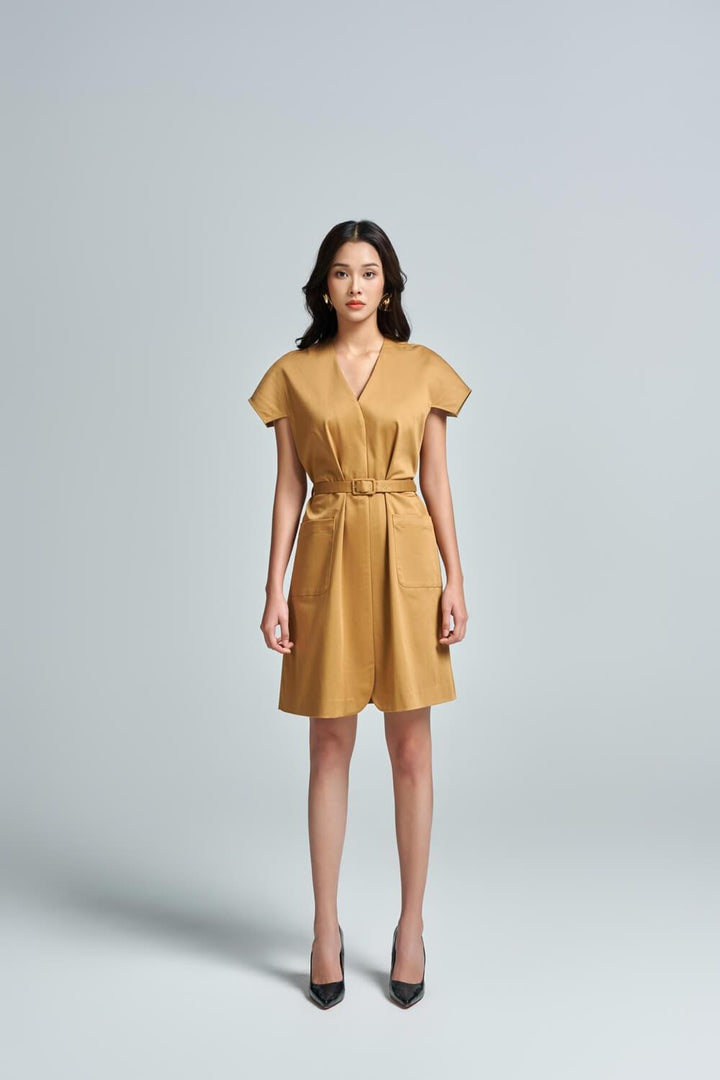 Aviva Straight V-Neck Khaki Mini Dress - MEAN BLVD