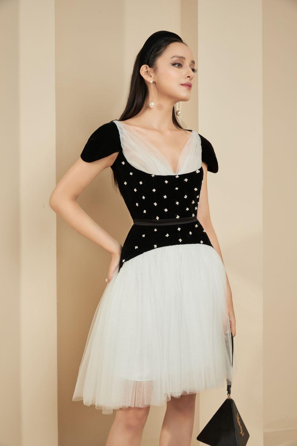 Women's Baxenda Fit and Flare V-Neck Mesh Sheer Knee-length Dress