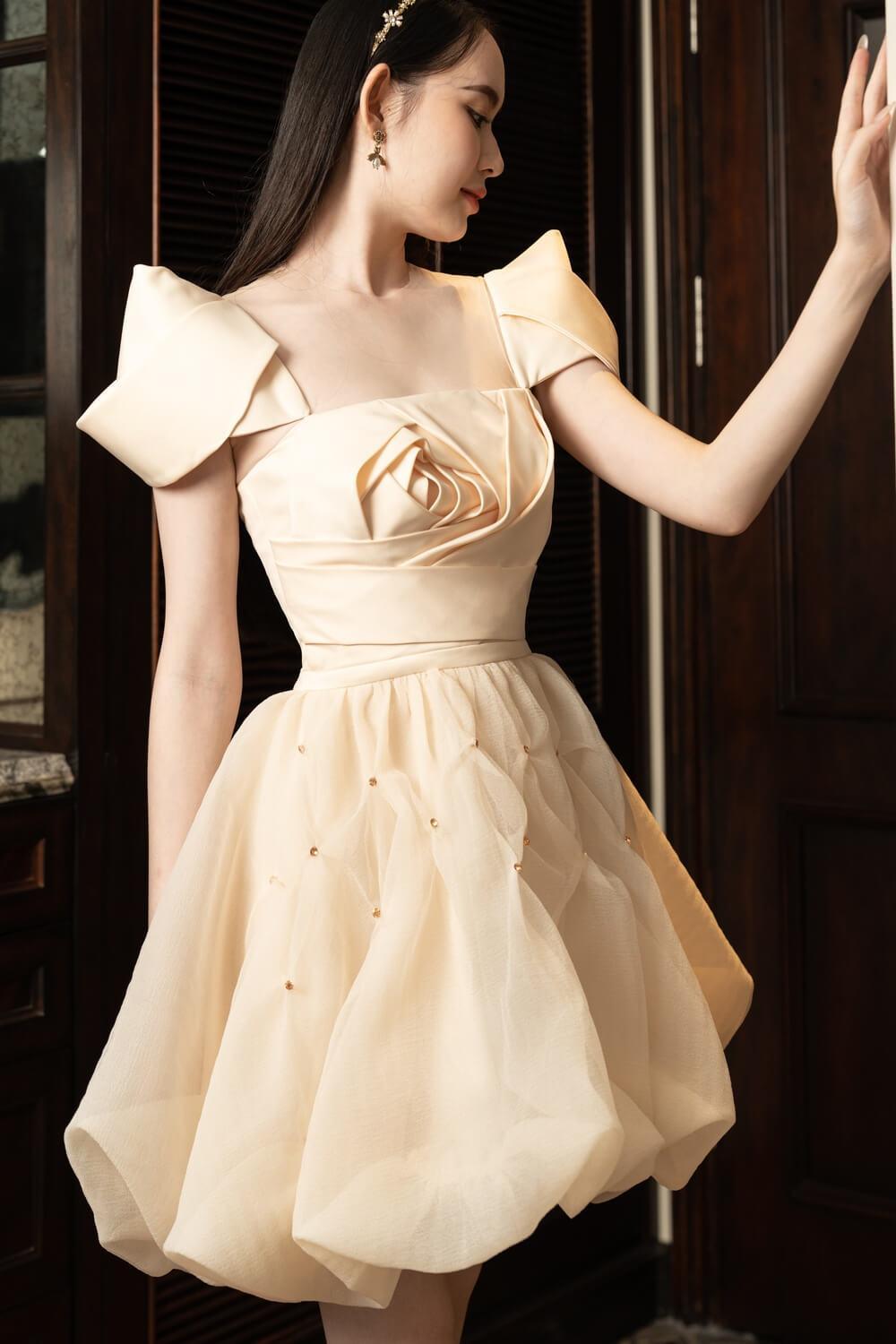 Women's Bethe Fit and Flare Square Neck Organza Knee-length Dress XS/S/M/L/XL Beige/Brown MEAN BLVD L / Brown