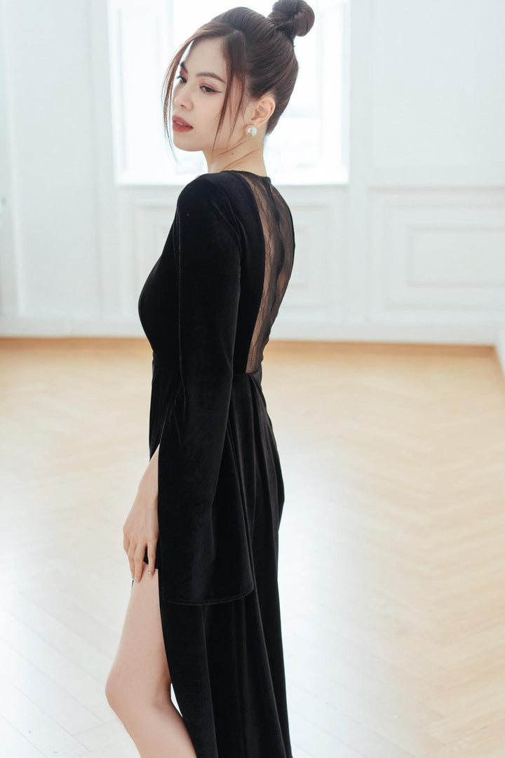 Cara Asymmetric Hanging Sleeved Velvet High-low Dress MEAN BLVD