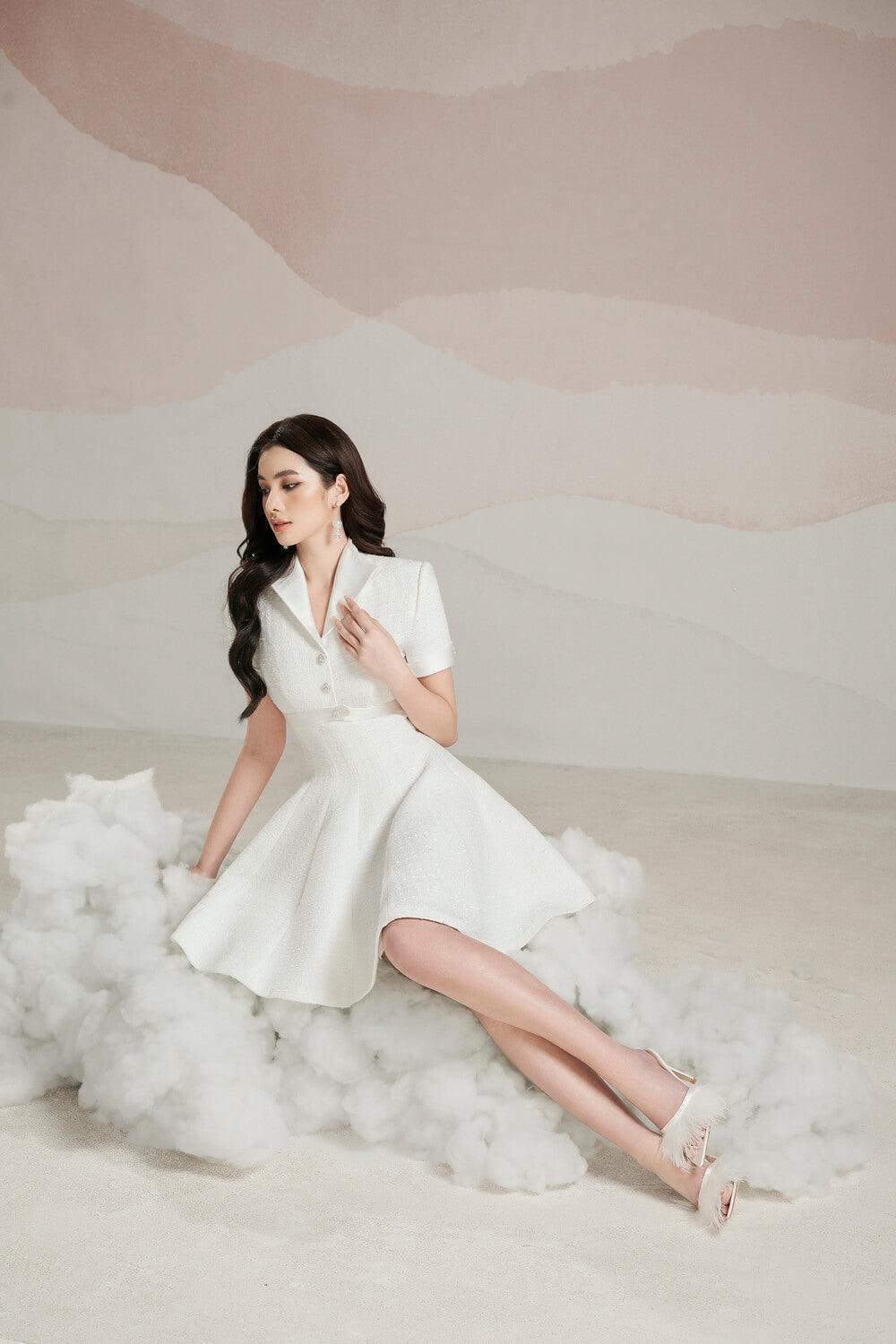 【Sサイズ】（ホワイト）ルミニョン Candycheck panel dress Women's Carolin Circle Short Sleeved Tweed Mini Dress S/M/L White