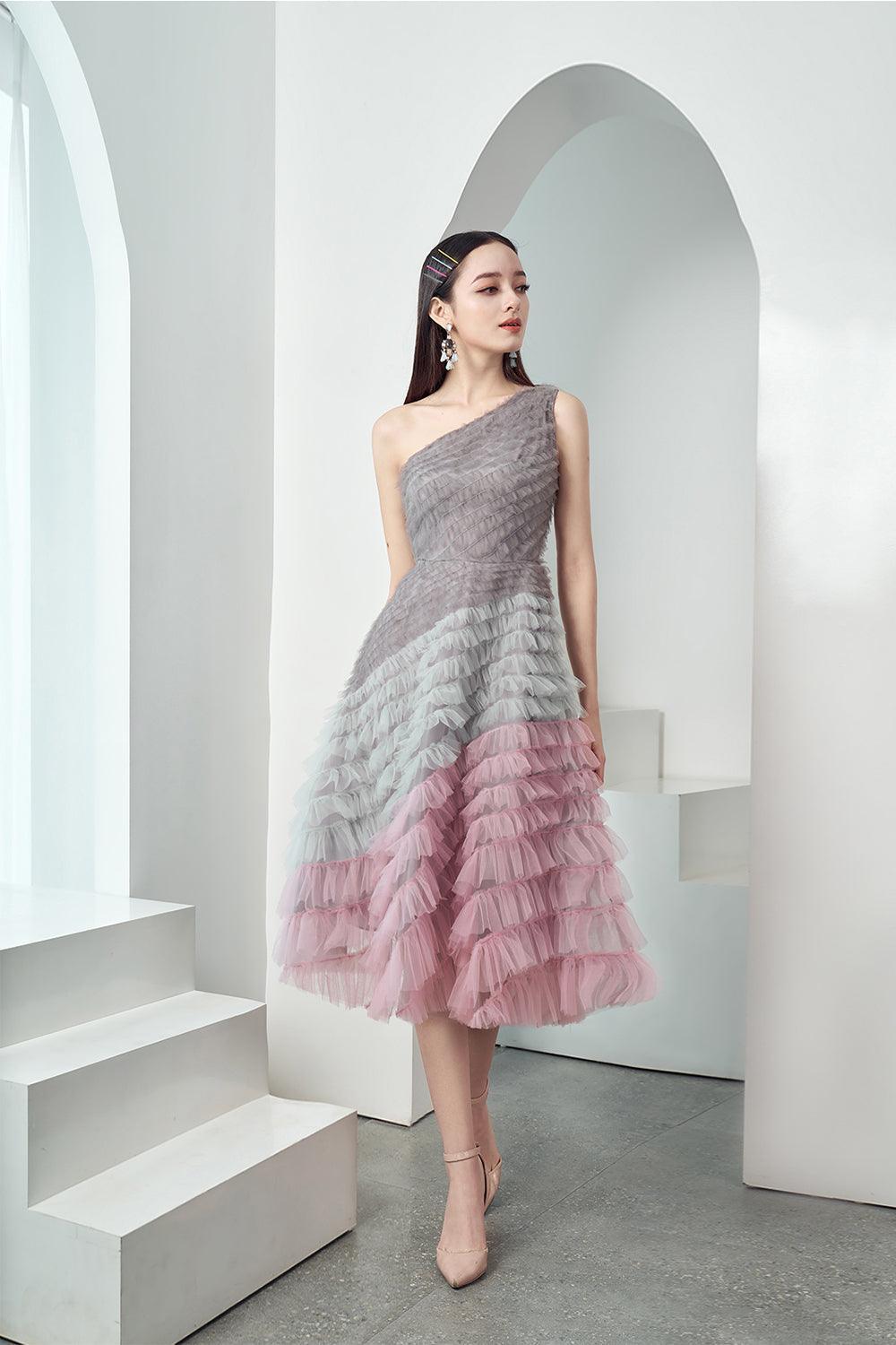 slim fit dress slacks Happy Clothing Leslie Fit and Flare Crossover Mesh Taffeta Midi Dress main image 1