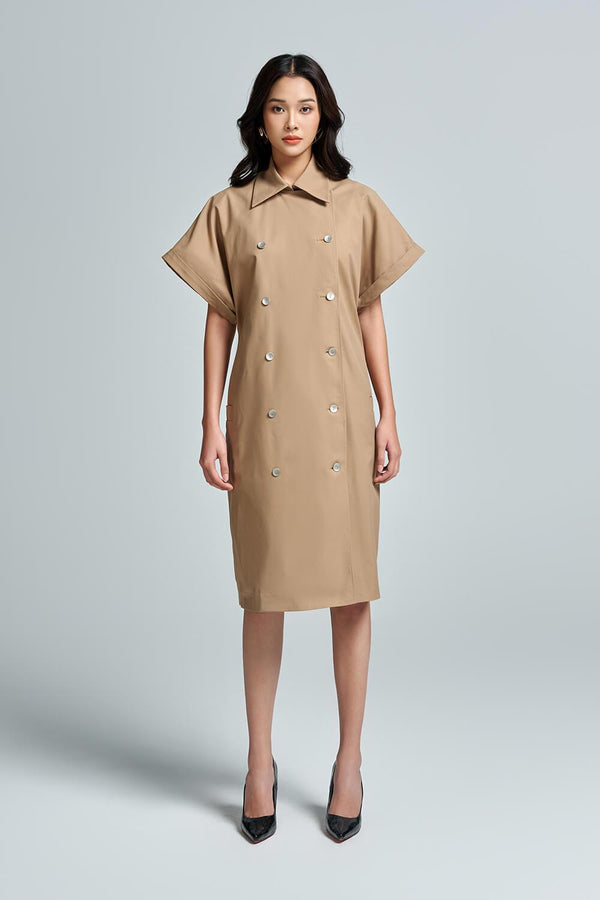 Catlisa Straight Folded Collar Khaki Knee-length Dress - MEAN BLVD