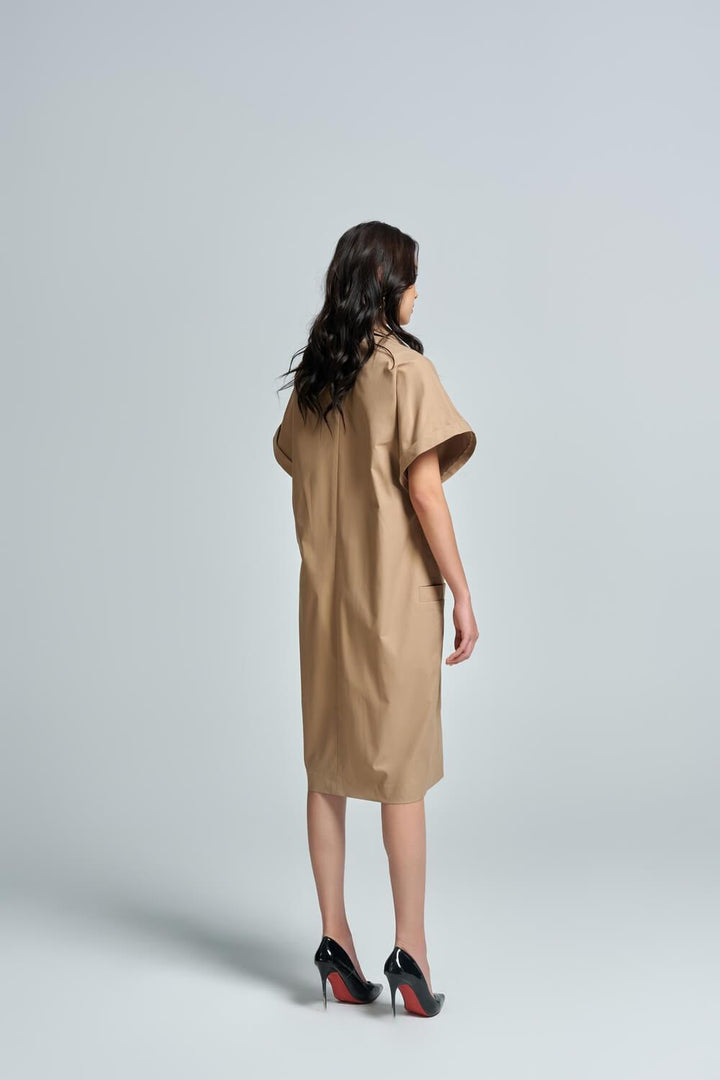 Catlisa Straight Folded Collar Khaki Knee-length Dress - MEAN BLVD