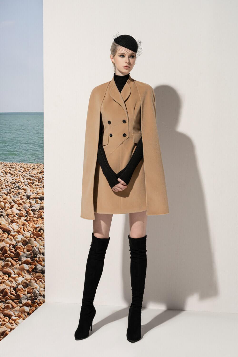 fleece mini dress Women's Celine Cape V-Neck Fleece Mini Dress S/M/L Golden Brown MEAN BLVD L / Golden Brown