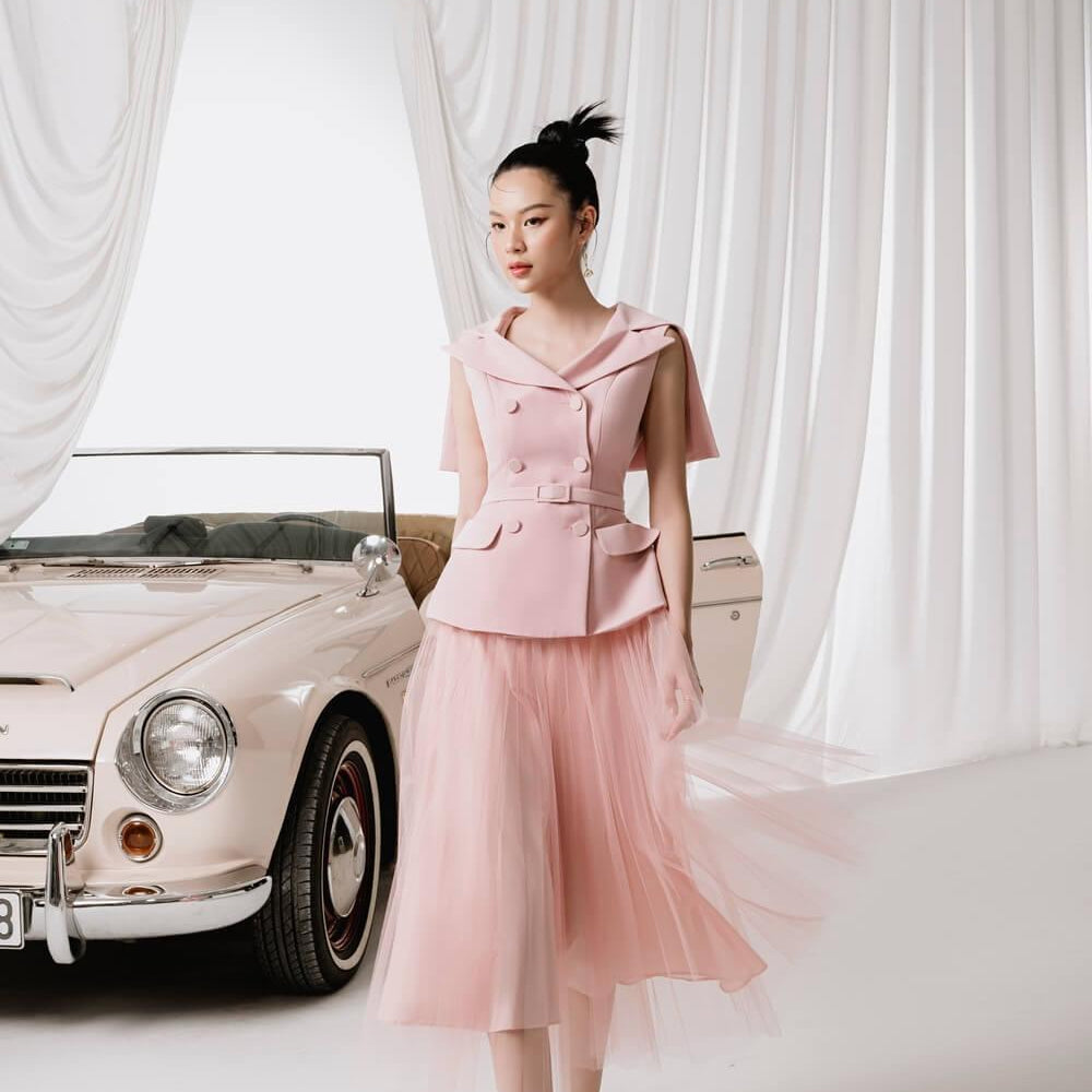 Chantel Fit and Flare Cape Shoulder Diamond Spandex Top MEAN BLVD