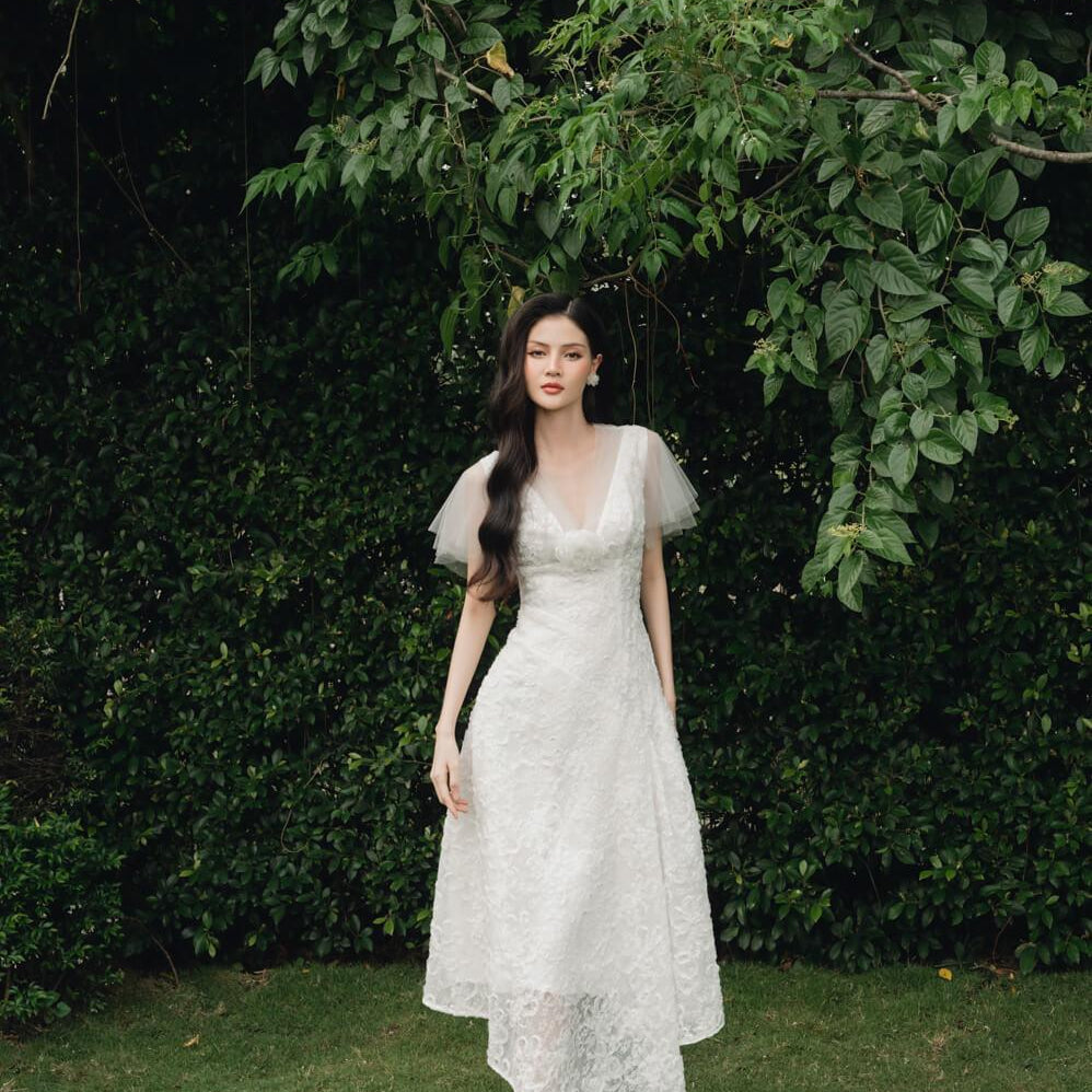 Charlotte Asymmetric V-Neck Lace Midi Dress - MEAN BLVD