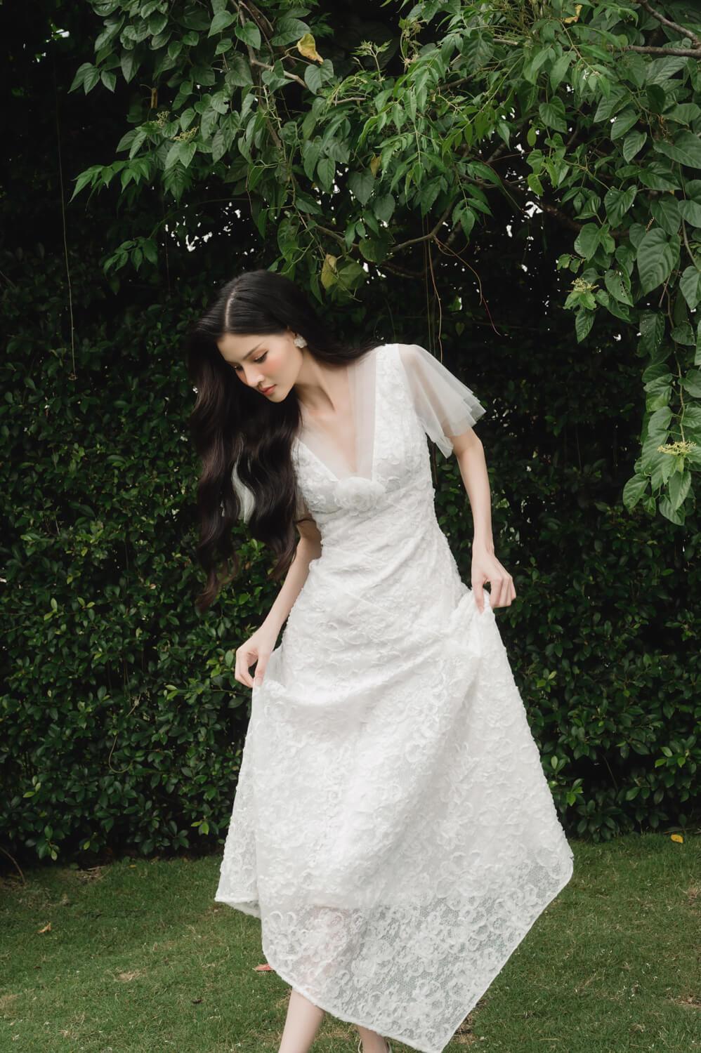 Charlotte Asymmetric V-Neck Lace Midi Dress - MEAN BLVD