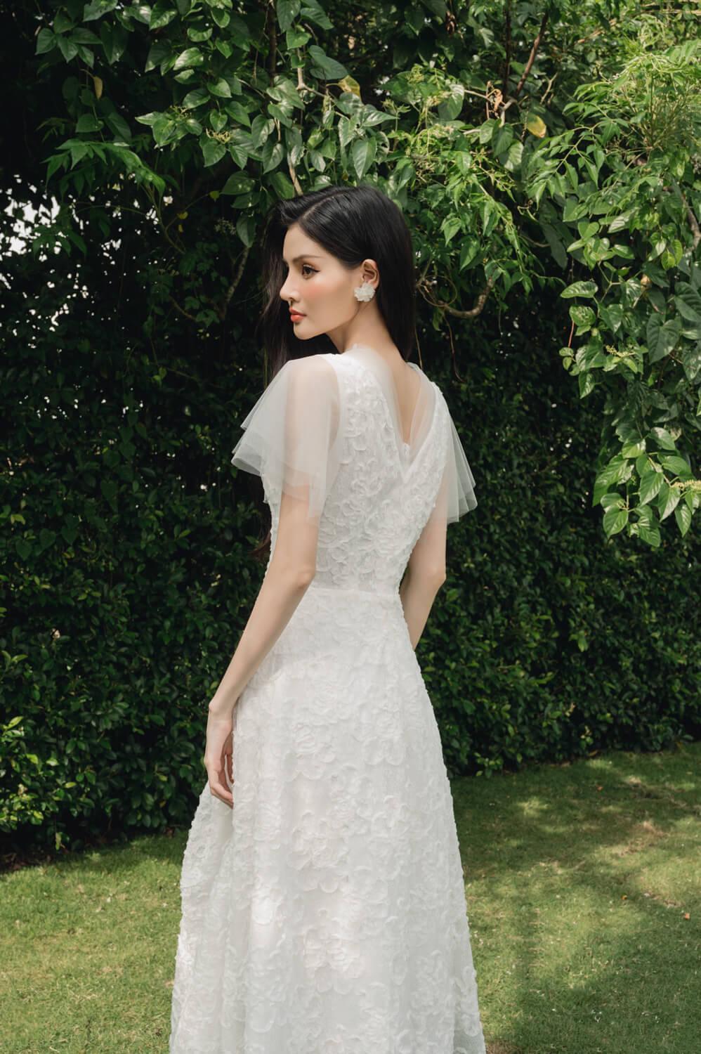 Charlotte Asymmetric V-Neck Lace Midi Dress - MEAN BLVD