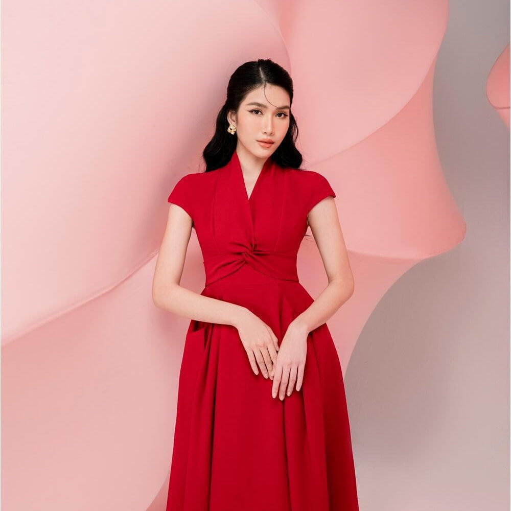Women's Cherie Fit and Flare Short Sleeved Cotton Spandex Midi Dress S/M/L Red MEAN BLVD M / Red Women's Cherie Fit and Flare Short Sleeved Cotton Spandex Midi Dress S/M/L Red MEAN BLVD M / Red
