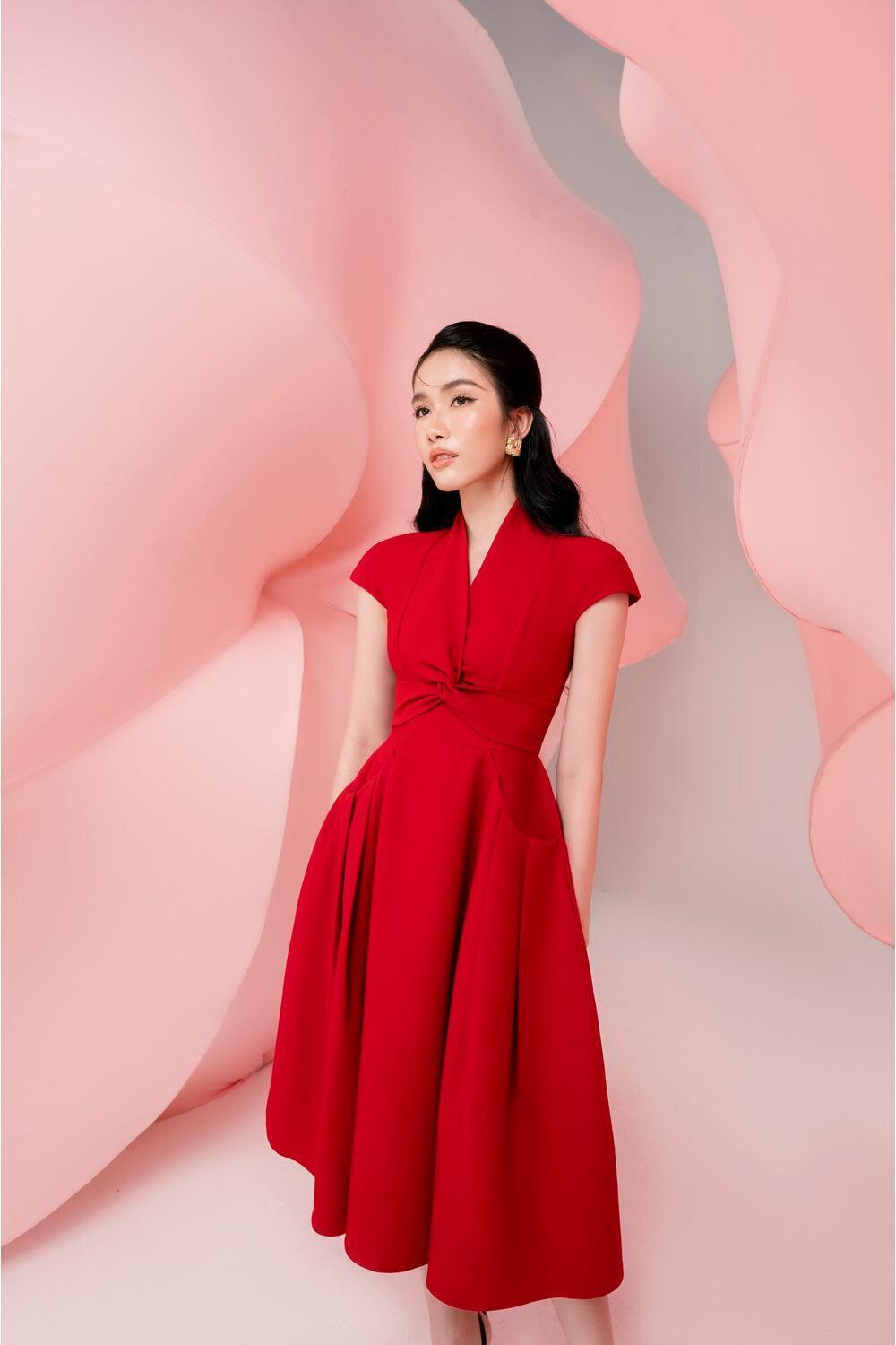 Women's Cherie Fit and Flare Short Sleeved Cotton Spandex Midi Dress S/M/L Red MEAN BLVD M / Red Women's Cherie Fit and Flare Short Sleeved Cotton Spandex Midi Dress S/M/L Red MEAN BLVD M / Red