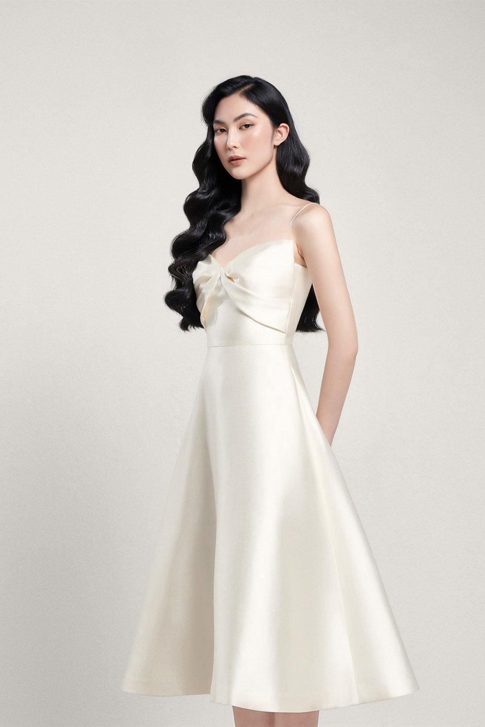 Women's Cherine Fit and Flare Spaghetti Strap Taffeta Midi Dress XS/S/M/L Cream/Black MEAN BLVD, XS / Cream