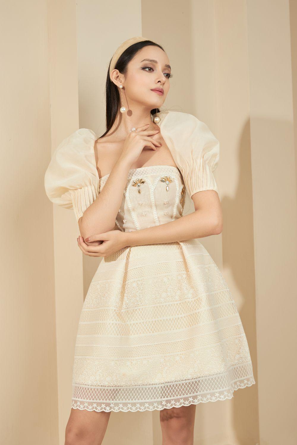 Women's Christina A-Line Square Neck Lace Above The Knee Dress XS/S/M/L/XL Beige Mean Blvd L / Beige