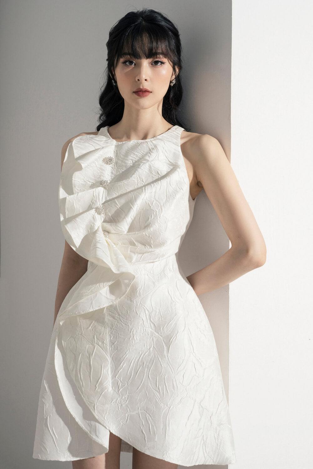 brocade mini dress Women's Cindy A-line Sleeveless Brocade Mini Dress S/M/L White MEAN BLVD M / White