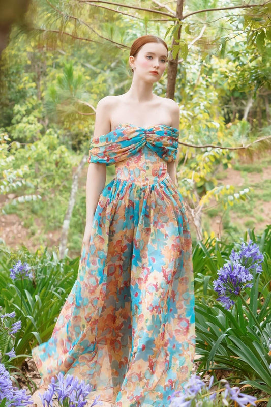 Cosmos Drop Waist Heart Neck Chiffon Maxi Dress MEAN BLVD