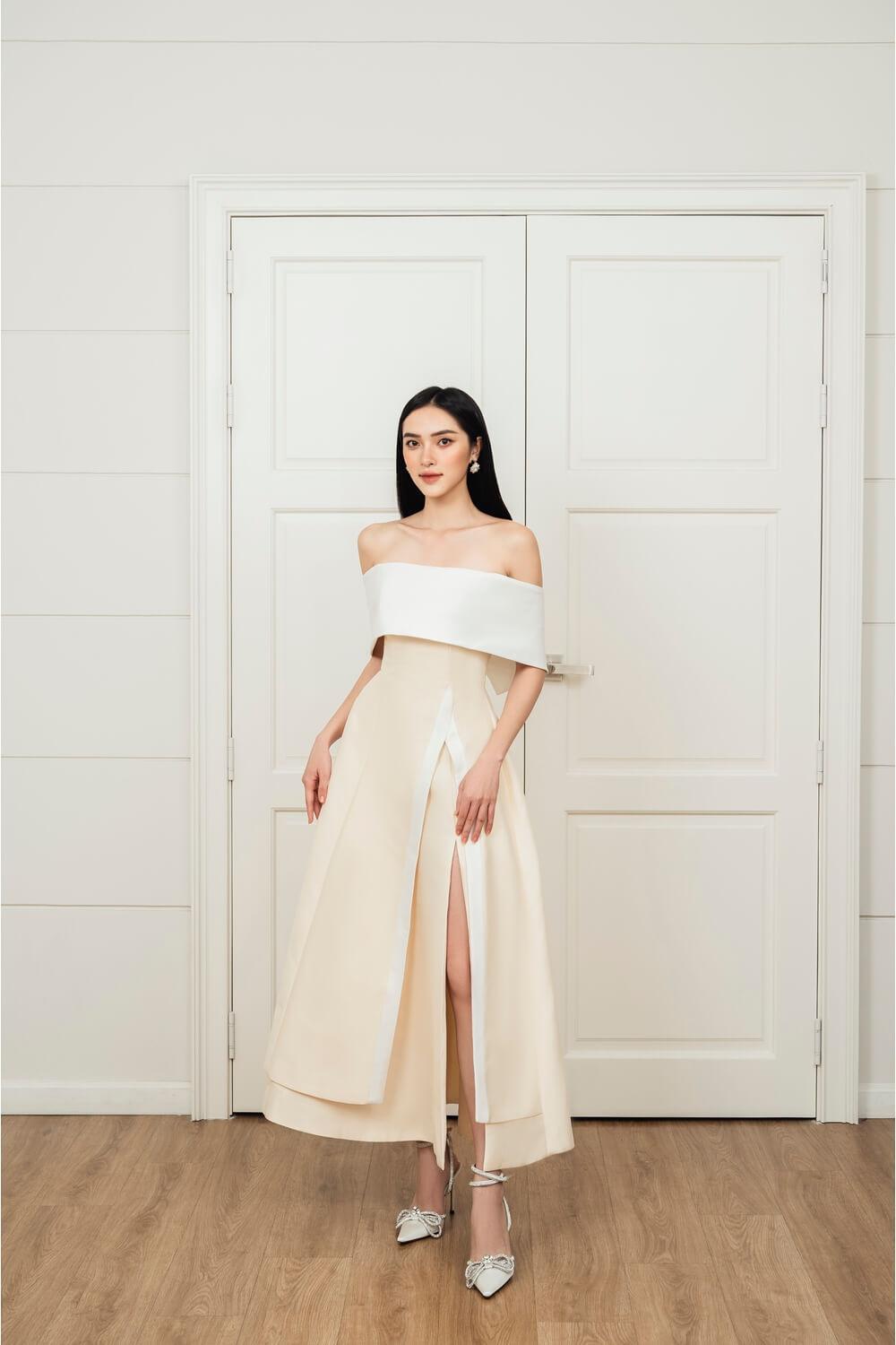 taffeta off the shoulder midi dress Off-The-Shoulder Taffeta Midi Dress
