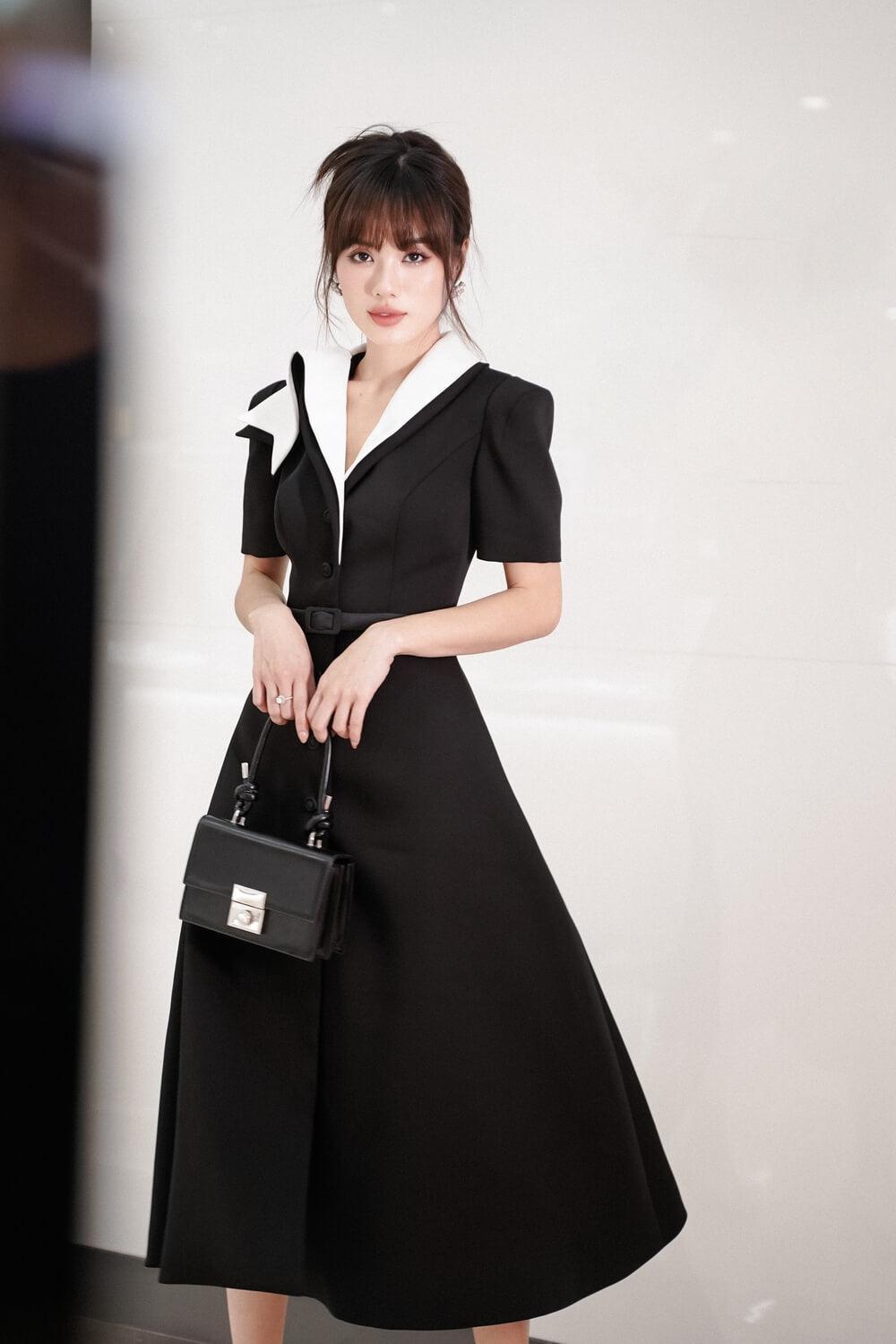 Women's Donna A-line Short Sleeved Cotton Spandex Below The Knee Dress S/M/L Black MEAN BLVD Customize / Black