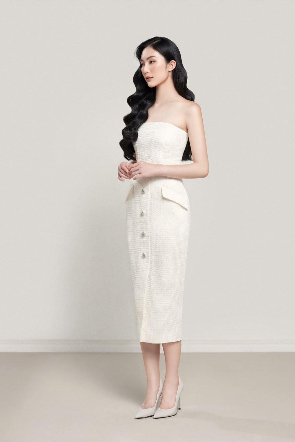 Dor Strapless Straight Across Neck Tweed Midi Dress XS / Cream