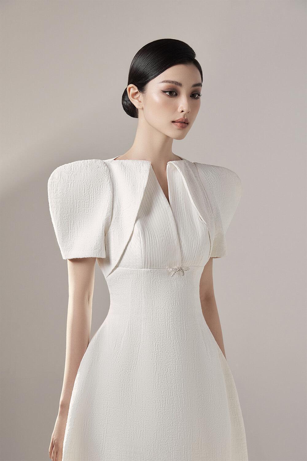 Women's Edith A-line Puffy Sleeved Jacquard Mini Dress XS/S/M/L White MEAN  BLVD