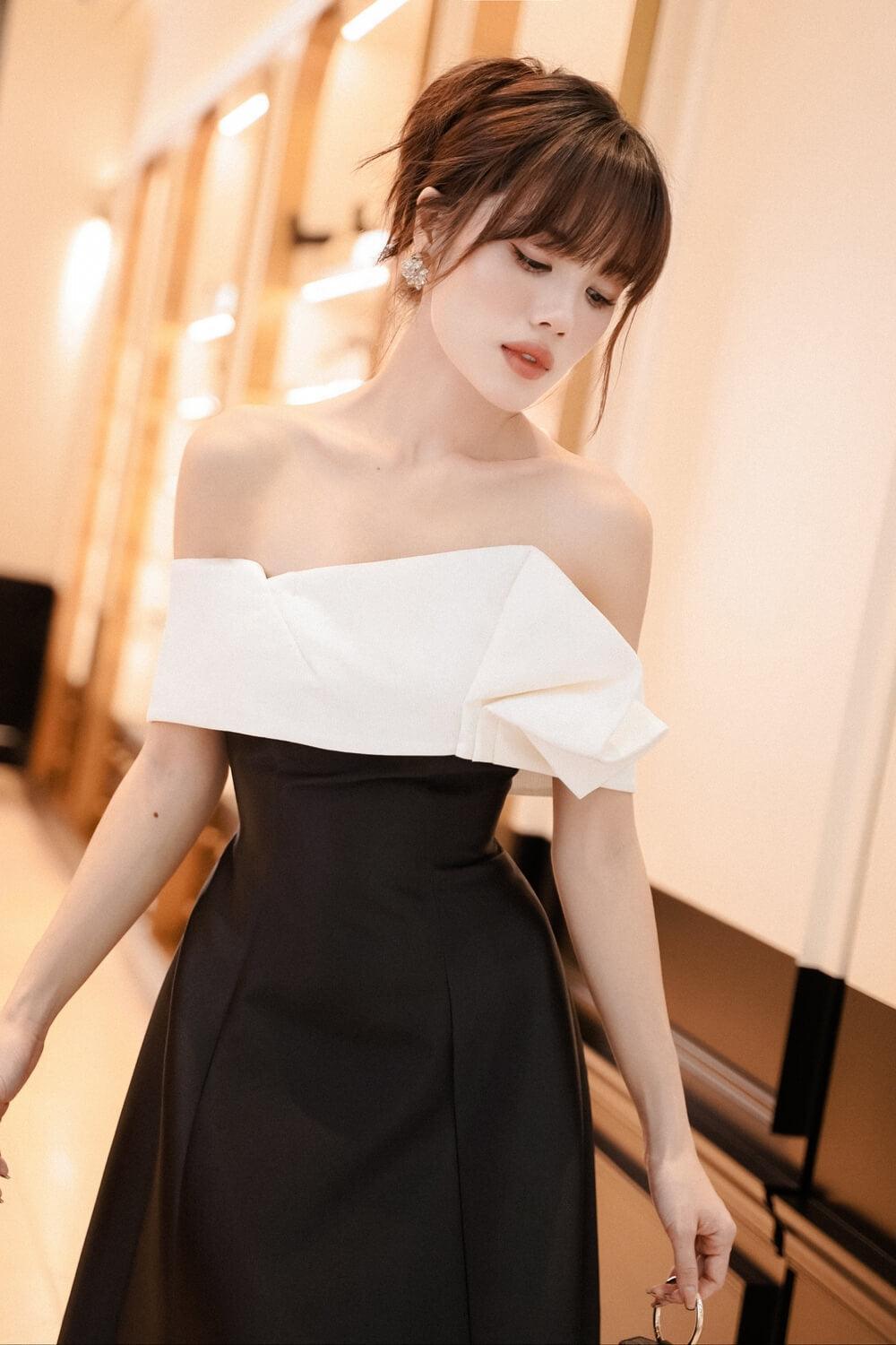 Women's Emily A-line Off-Shoulder Taffeta Midi Dress S/M/L Black MEAN BLVD