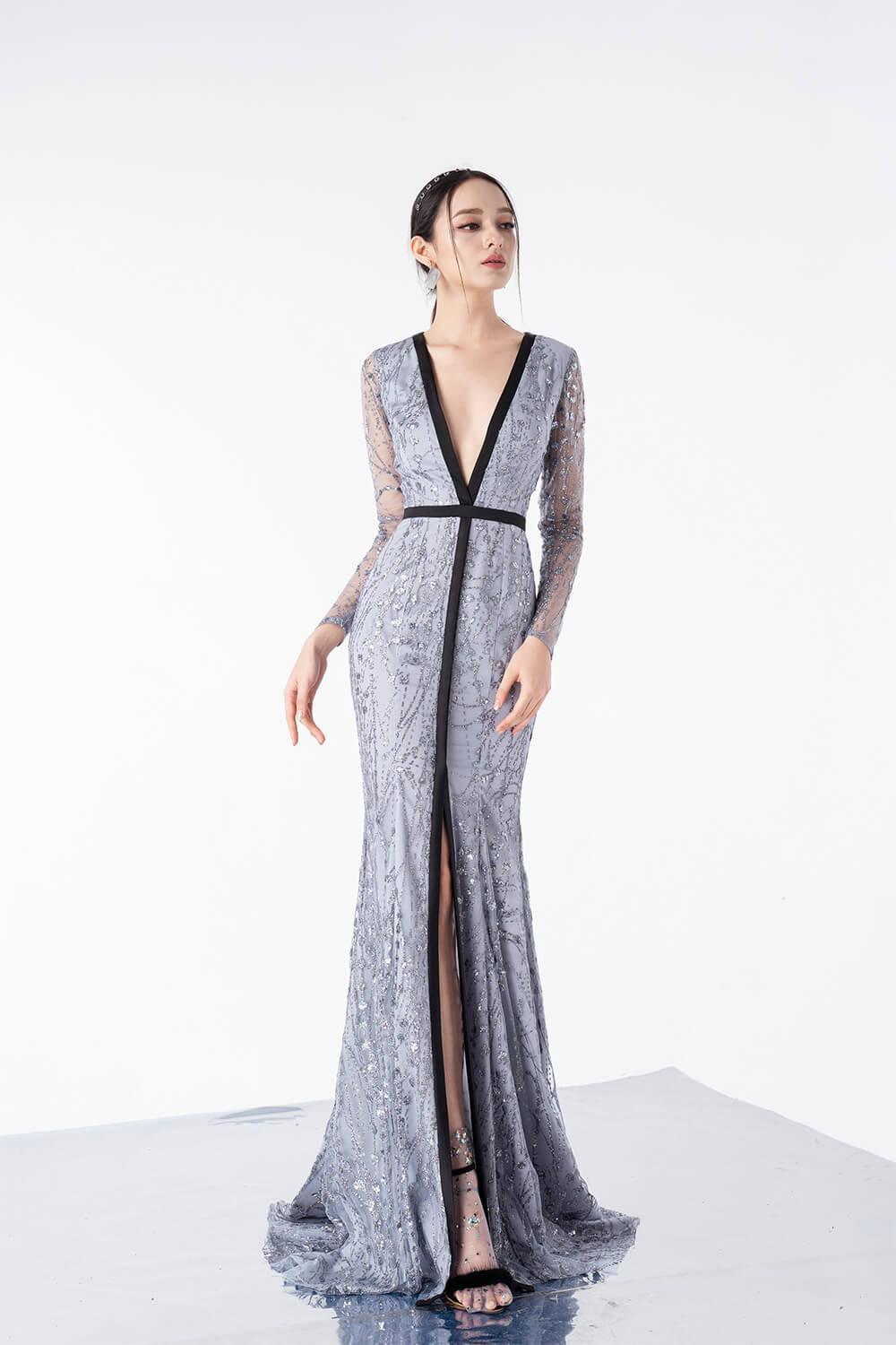 grey wrap maxi dress Grey Rhinestone Mesh Wrap Maxi Dress – self-portrait