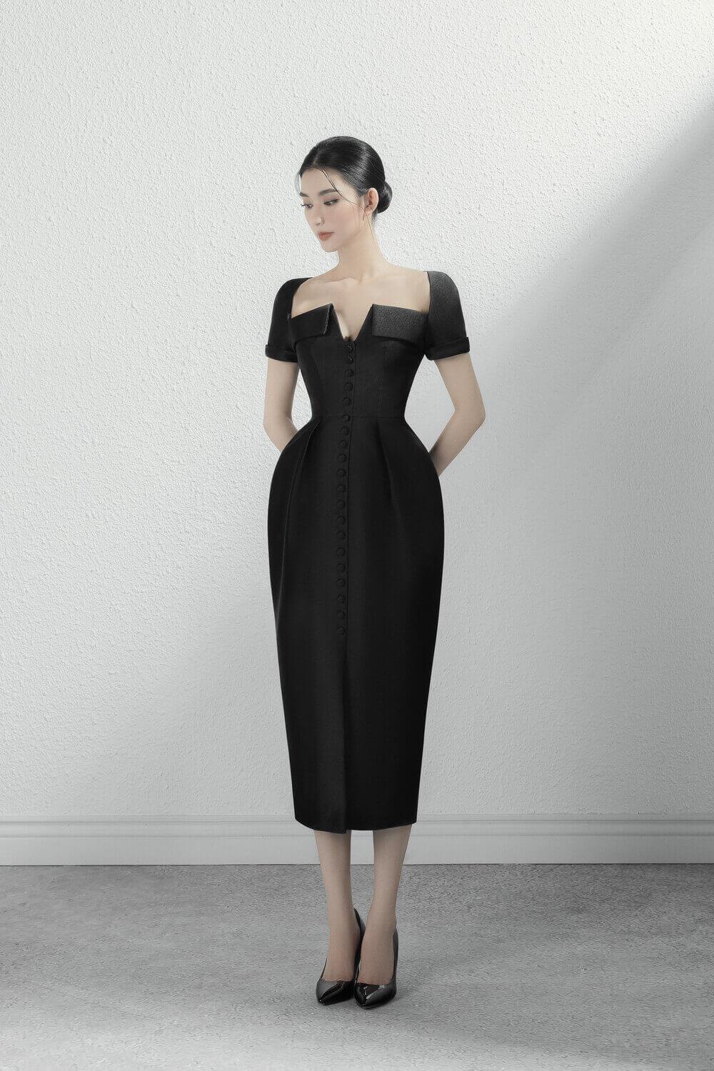 Women's Estella Pegged Short Sleeved Silk Taffeta Midi Dress Xs/S/M/L Black/White Cream Mean Blvd Xs / Black Women's Estella Pegged Short Sleeved Silk Taffeta Midi Dress Xs/S/M/L Black/White Cream Mean Blvd Xs / Black