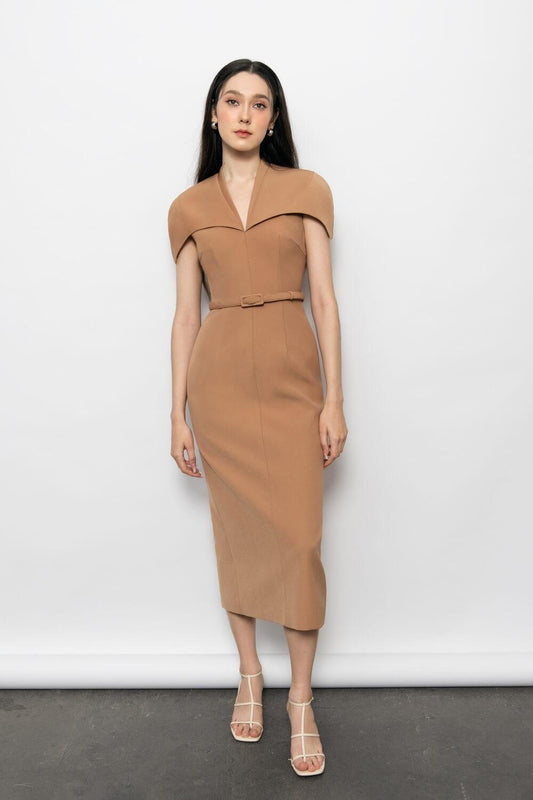 Evelyn Sheath Cape Sleeved Polyester Midi Dress MEAN BLVD