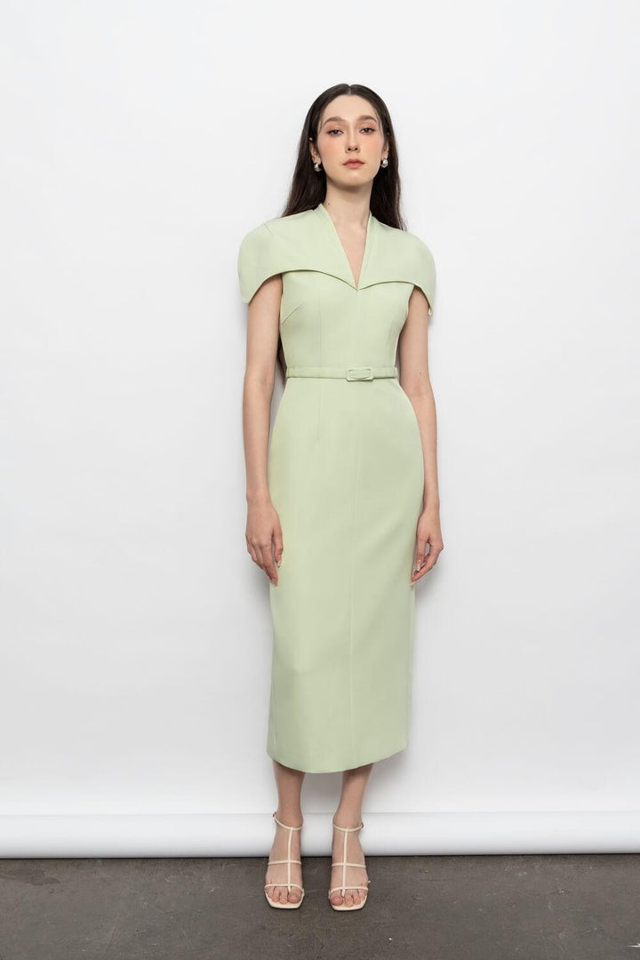Evelyn Sheath Cape Sleeved Polyester Midi Dress MEAN BLVD