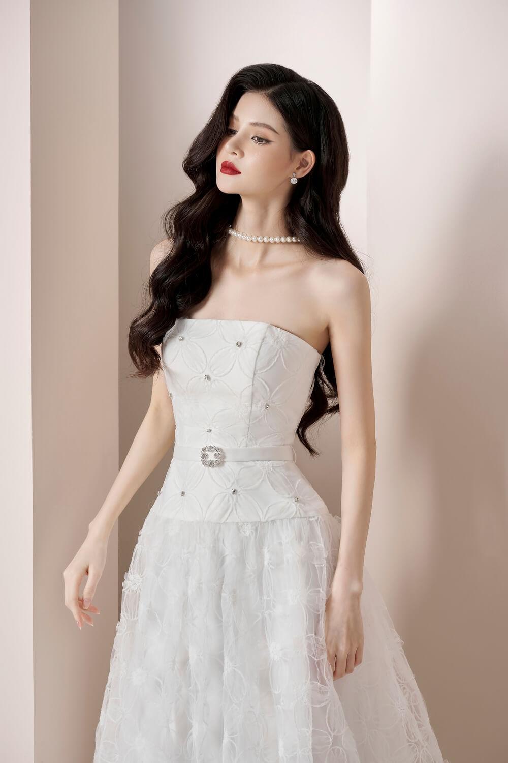 Fiona Flared Straight Across Neck Tulle Midi Dress MEAN BLVD