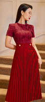 Gabriella Pleated Round Neck Punto Midi Dress MEAN BLVD