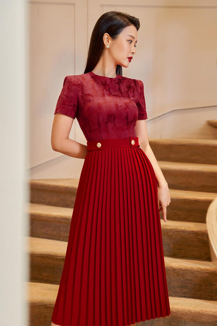 Gabriella Pleated Round Neck Punto Midi Dress MEAN BLVD