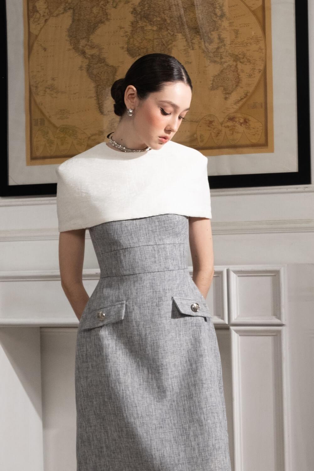 Women's Gianna A-Line Strappy Tweed Midi Dress S/M/L Grey Mean Blvd S / Grey