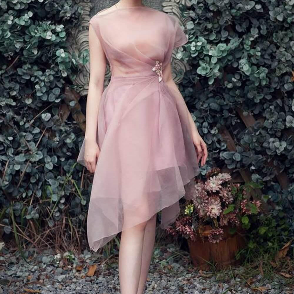 Halle Asymmetric Boat Neck Silk Organza Below The Knee Dress