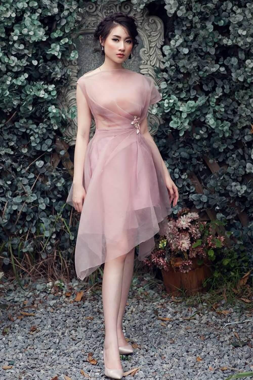Halle Asymmetric Boat Neck Silk Organza Below The Knee Dress