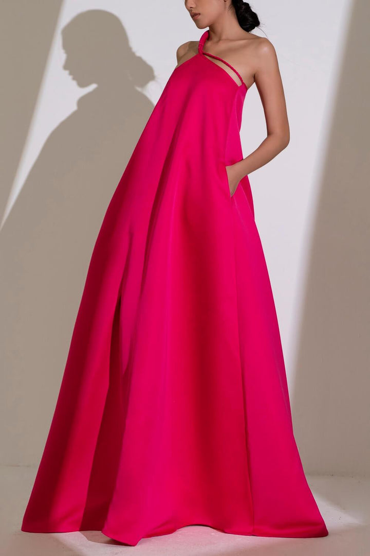 Hong Di Flared Side Pocket Duchess Satin Floor Length Dress MEAN BLVD
