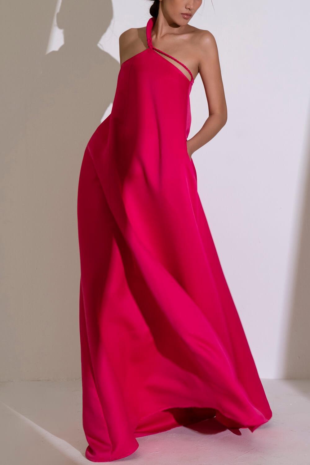 Hong Di Flared Side Pocket Duchess Satin Floor Length Dress MEAN BLVD