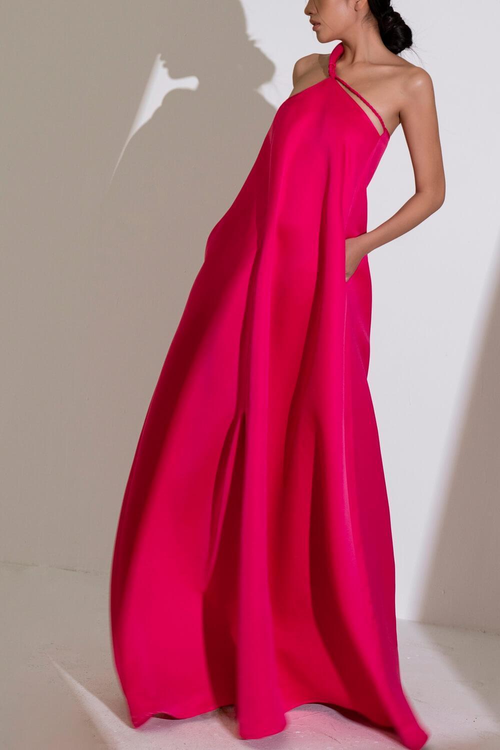 Hong Di Flared Side Pocket Duchess Satin Floor Length Dress MEAN BLVD