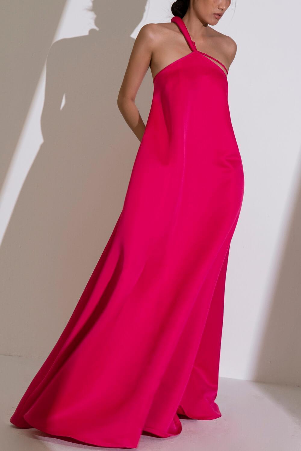 strapless open back dress Women's Hong Di Trapezoid Side Pocket Duchess Satin Floor Length Dress  XS/S/M/L/XL Hot Pink MEAN BLVD