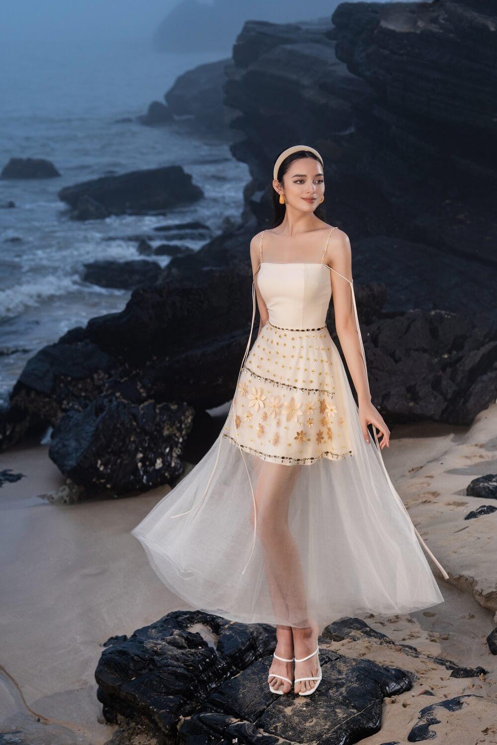 beige see through dress Beige see through tube mesh dress