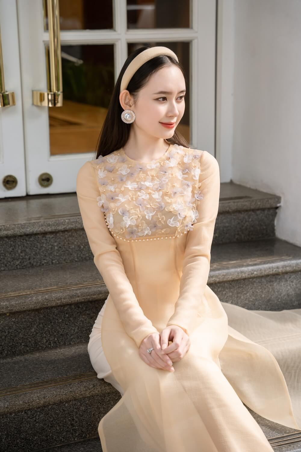 Isabelle Fitted Flower Applique Organza Long Length Ao Dai MEAN BLVD