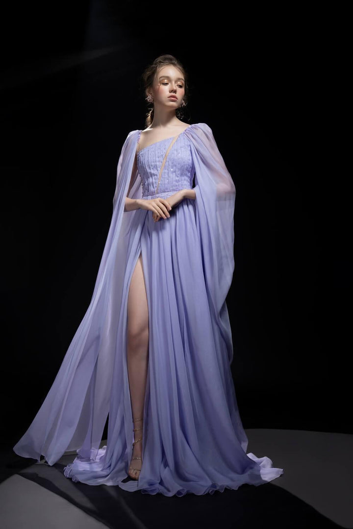 Jane Cape Gathered Silk Organza Extra Long Length Dress MEAN BLVD