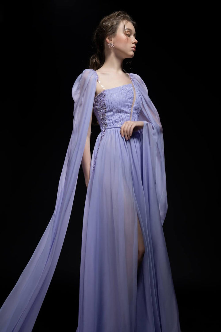 Jane Cape Gathered Silk Organza Extra Long Length Dress MEAN BLVD