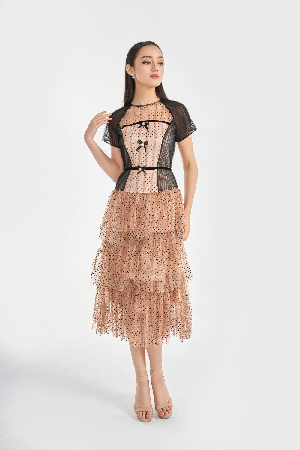 Women's Jena Layered Mesh Sheer Midi Dress XS/S/M/L/XL Black Polka Dots MEAN BLVD XS / Black / Polka Dots
