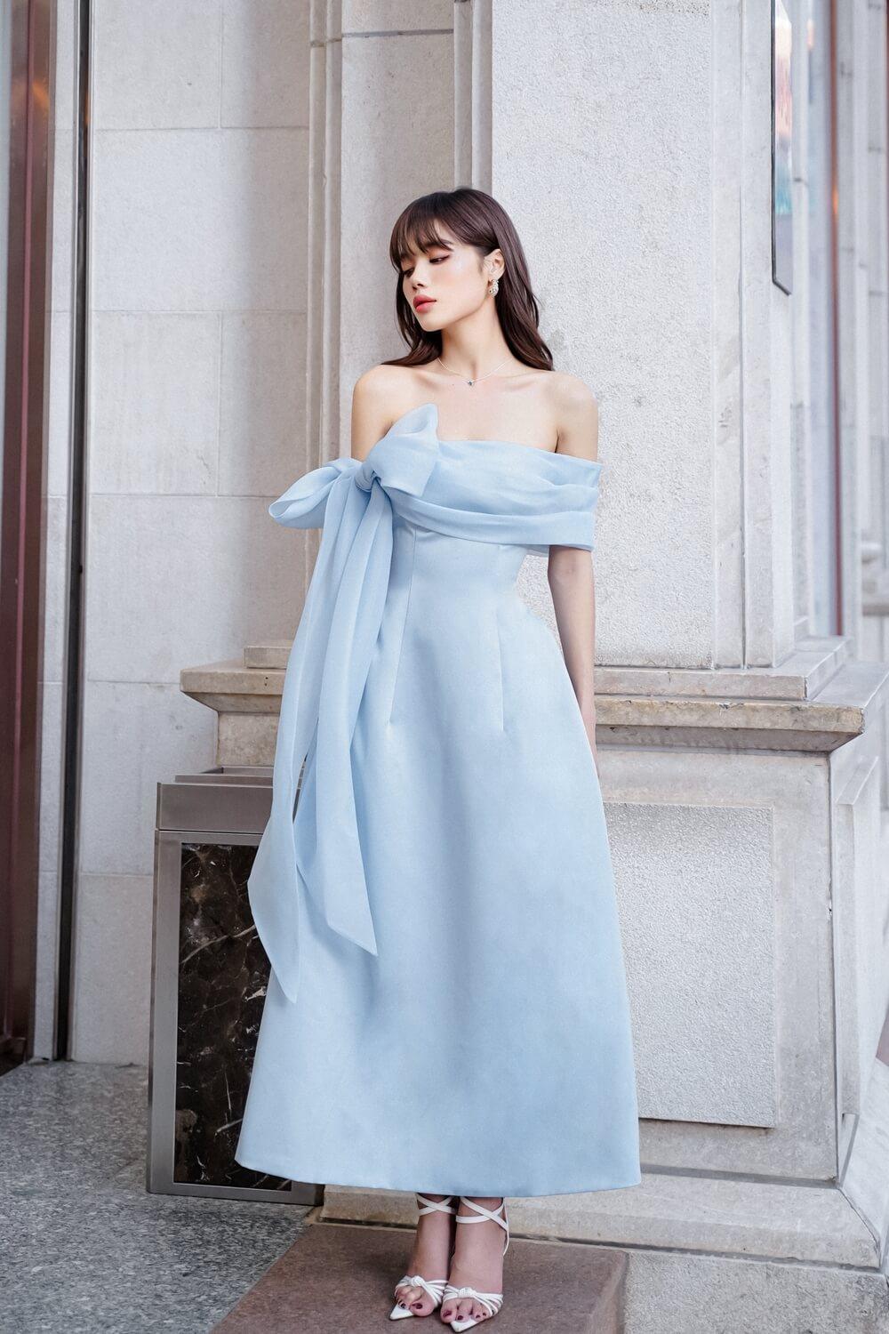 bow tie midi dress Women's Jolie A-line Bow Tie Taffeta Midi Dress S/M/L Blue MEAN BLVD S / Blue