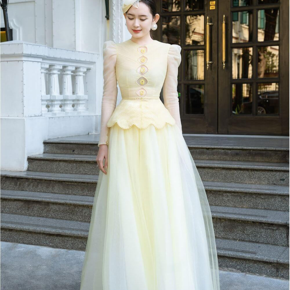 Josie Peplum Leg Of Mutton Sleeved Taffeta Maxi Dress MEAN BLVD