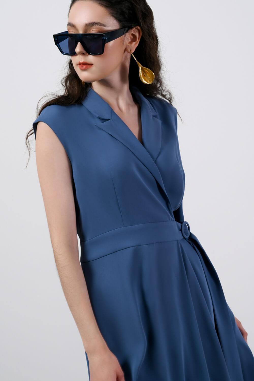 Women's Juliana Wrap Asymmetric Polyester Midi Dress S/M/L Blue/Black Mean Blvd Customize / Blue Women's Juliana Wrap Asymmetric Polyester Midi Dress S/M/L Blue/Black Mean Blvd Customize / Blue