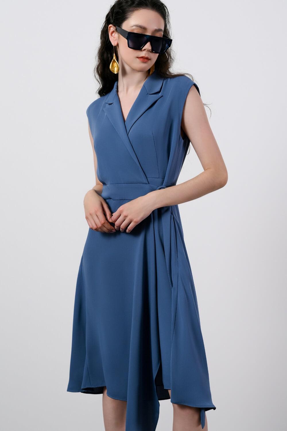 Women's Juliana Wrap Asymmetric Polyester Midi Dress S/M/L Blue/Black Mean Blvd Customize / Blue Women's Juliana Wrap Asymmetric Polyester Midi Dress S/M/L Blue/Black Mean Blvd Customize / Blue