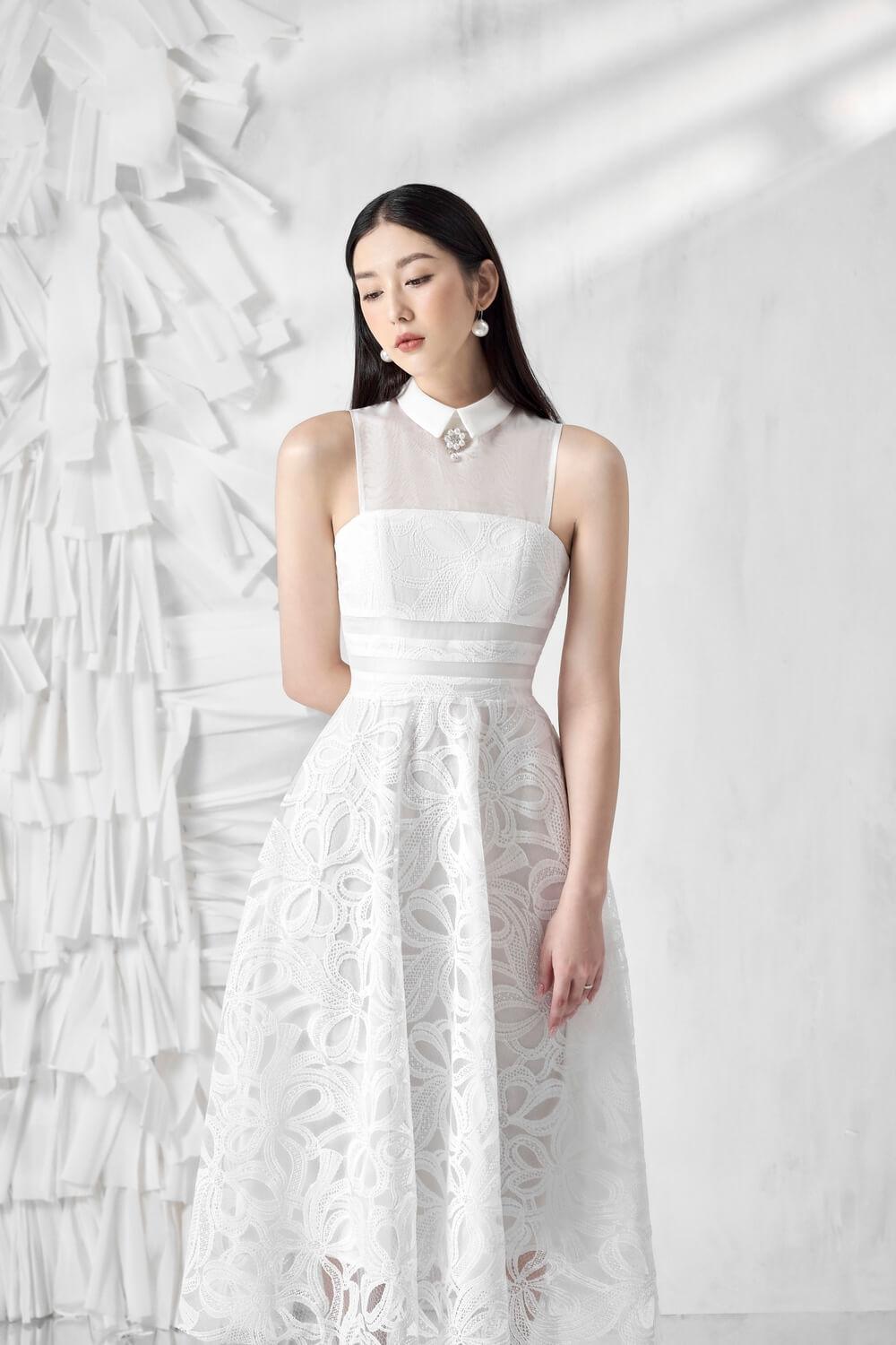 Women's Katia A-line Folded Collar Lace Weave Midi Dress S/M/L White Mixed Lace MEAN BLVD Customize / White / Mixed Lace